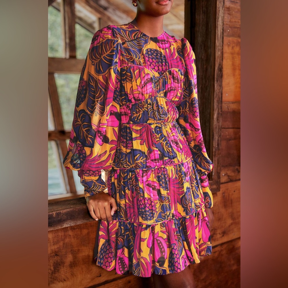 Farm Rio Yellow Fruit Dream Long Sleeve Mini Dress - Picture 2 of 5